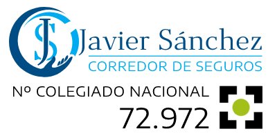 Logotipo de Javier Sánchez, corredor de seguros en Málaga, y número de colegiado nacional 72.972 con el logotipo del Colegio de Mediadores Titulados