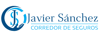 Logotipo de Javier Sánchez, Corredor de Seguros en Málaga. Círculo azul y celeste con una mano que envuelve las iniciales JS, mas la inscripción Javier Sánchez, Corredor de seguros.