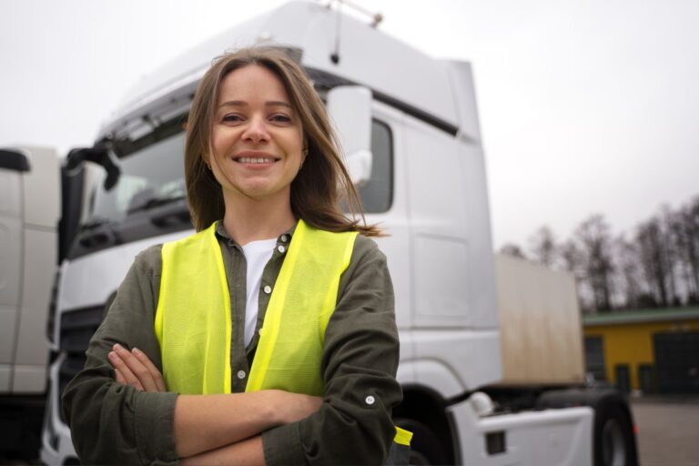 Mujer joven con chaleco reflectante sonriendo, delante de cabeza de camión