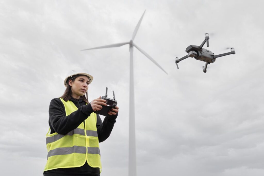 Mujer con indumentaria de protección laboral (casco y chaleco reflectante) manejando un dron, con un molino eólico de fondo.